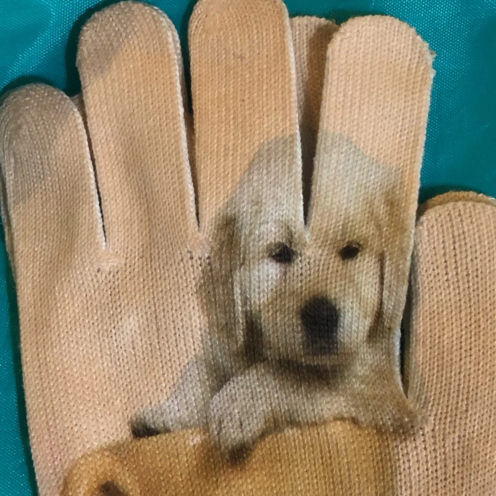 Women’s dog puppy in coffee cup printed beige‎ knit gloves one size new